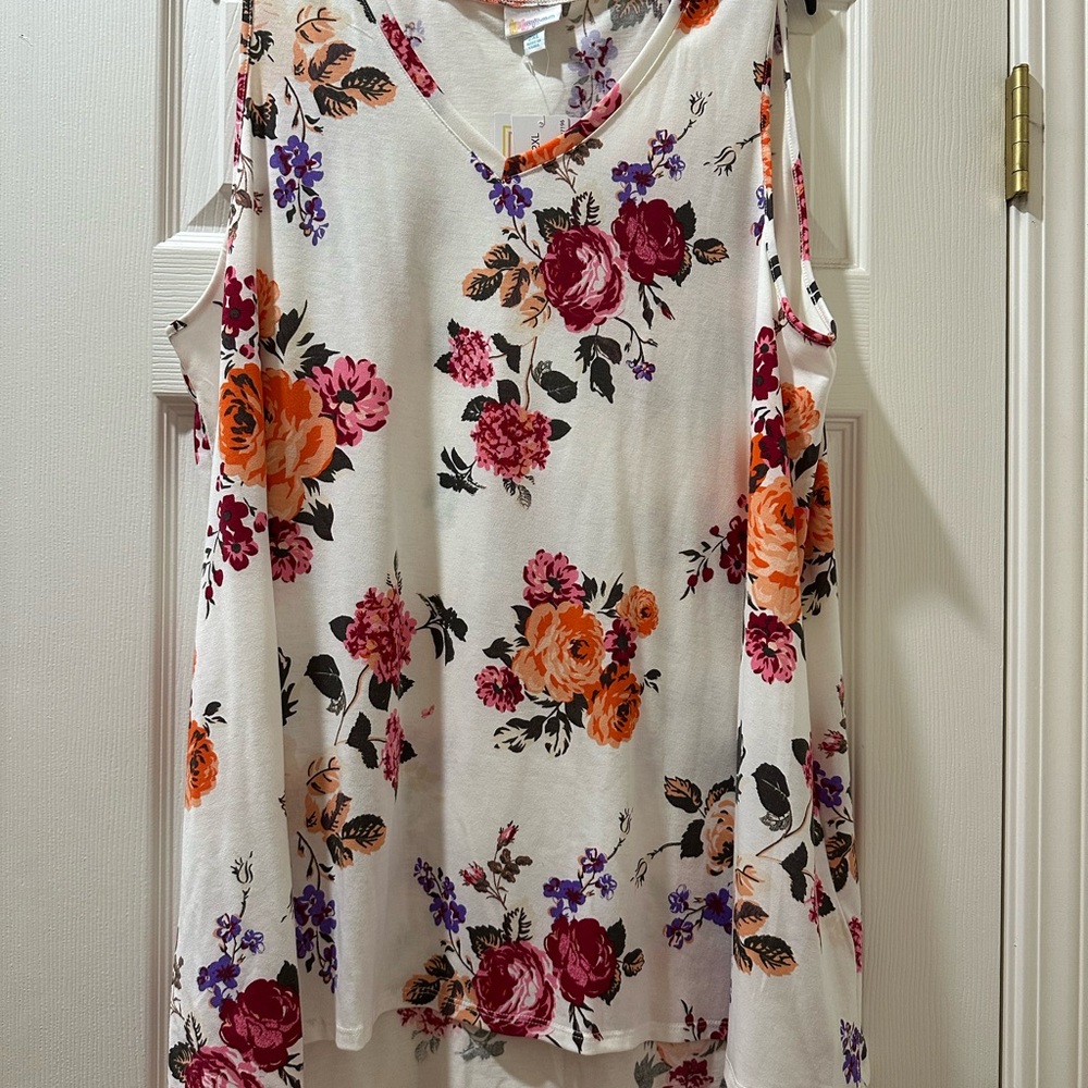LuLaRoe Floral V-Neck Tank Top - White with Pink, Orange & Purple Roses